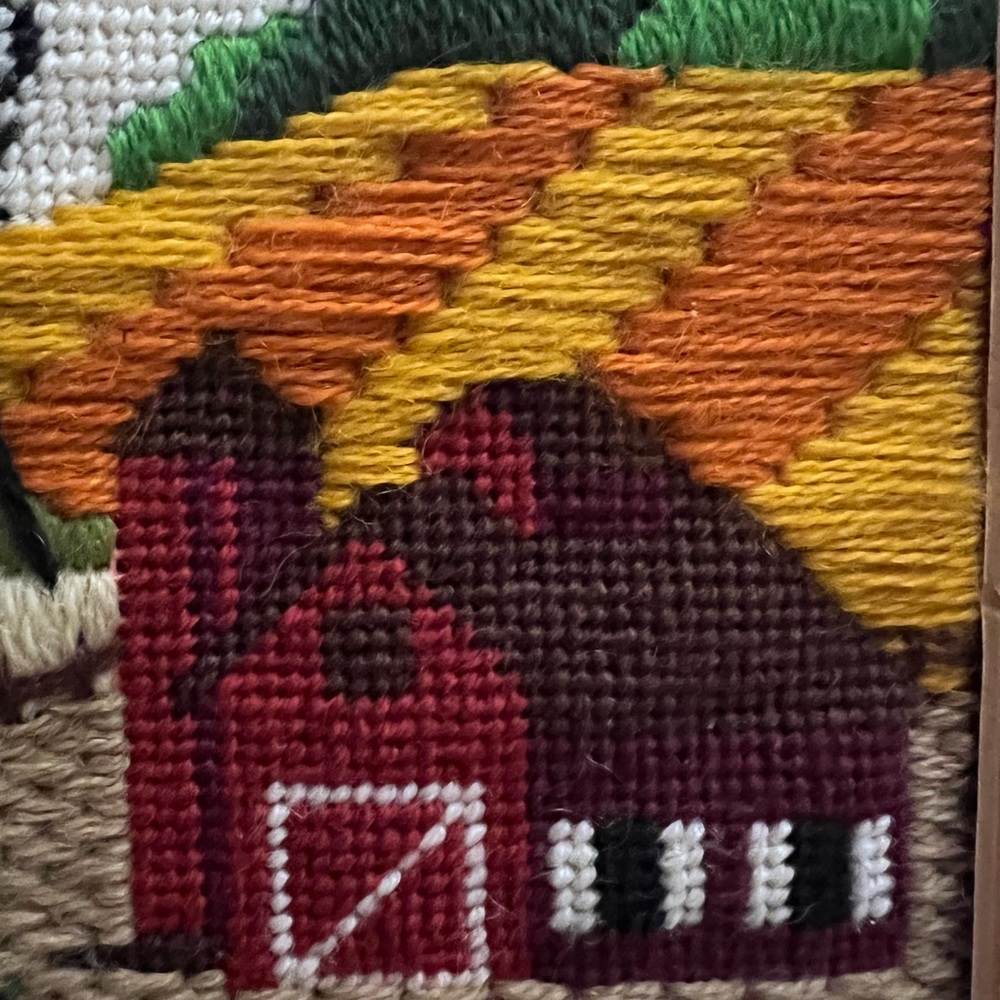 Vintage 90s Artisan Needlepoint Framed Farmhouse Scene - Picture 12 of 16